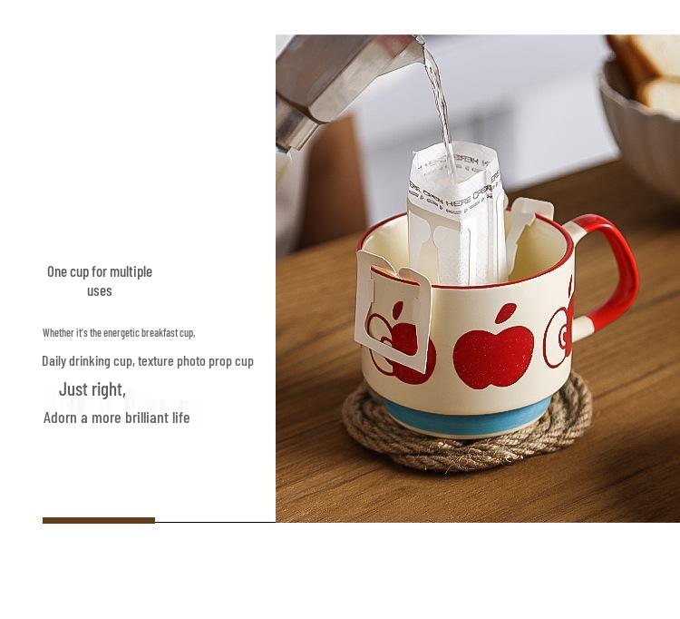 Japanese Retro INS Ceramic Drip Coffee Mug with Print - Stackable Creative Couple Breakfast Cup