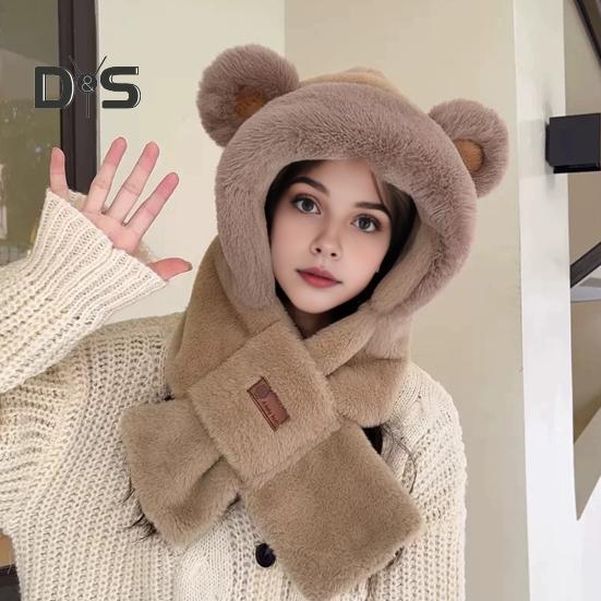 Women Winter Integrated Hat And Scarf Thick Fleece Warm Cartoon Fox Ear Decor Windproof Full Protection Outdoor Travel Cold Weather Snowboarding
