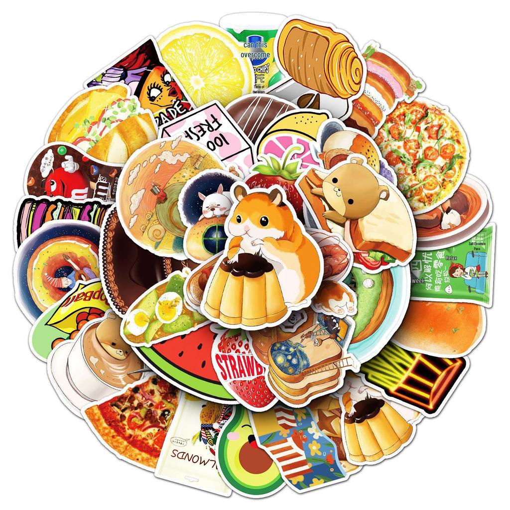 50 Sheets Creative Cartoon Food Stickers - Waterproof, Removable, Decorative Planner Stationery.
