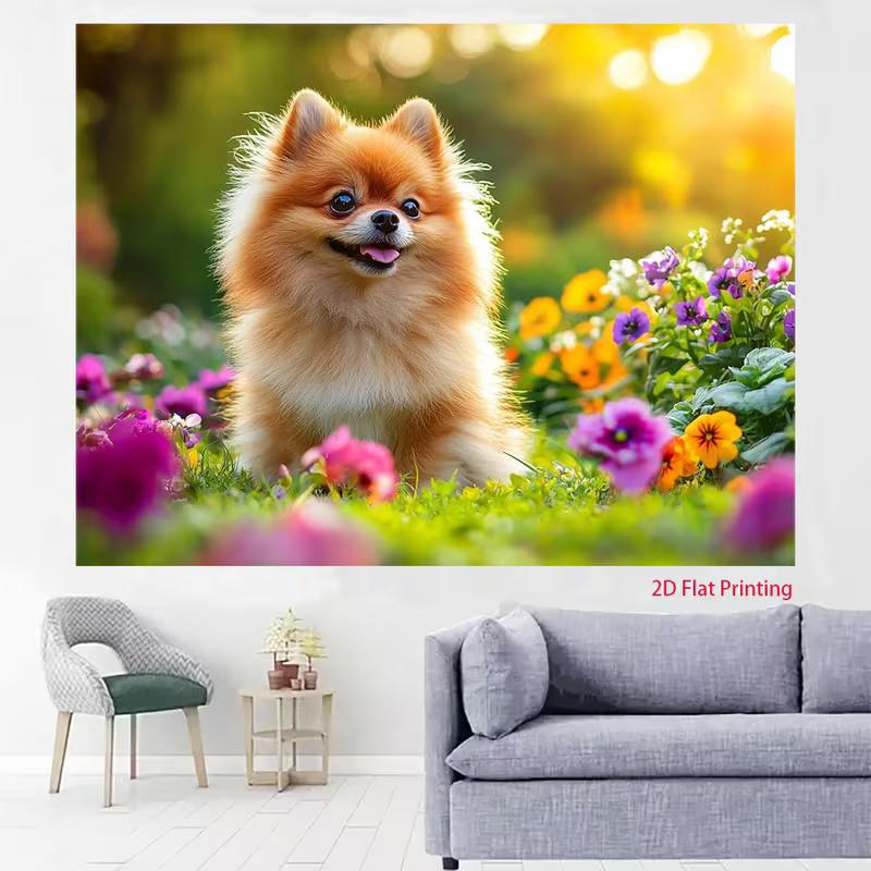 

2D Cute Pomeranian Puppy Tapestry Floral Garden Wall Decor for Bedroom & Pet Lovers 47.2x31.5inch/120*80cm
