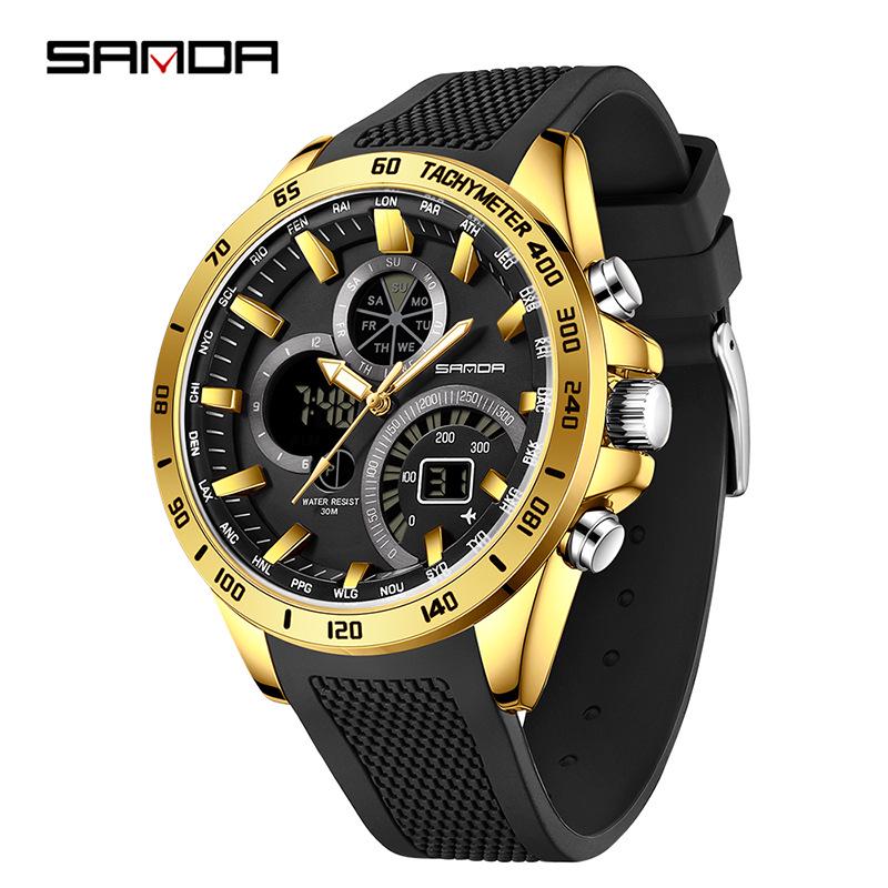 Sanda Creative Dual Display Waterproof Watch for Teenagers - Trendy Cool Black Business Wristwatch