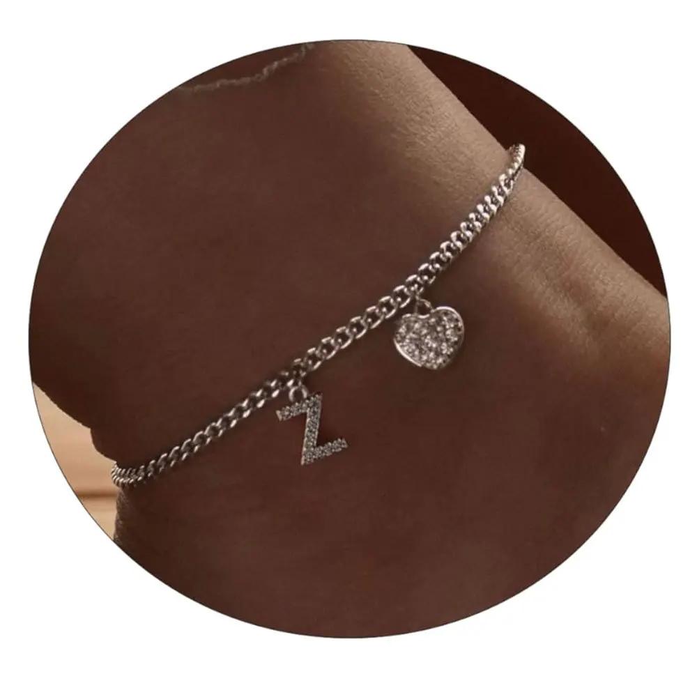 26 Initial Stainless Steel Anklet For Women Crystal Letter Heart Color Chain Ankle Bracelet Summer Jewelry Accessories