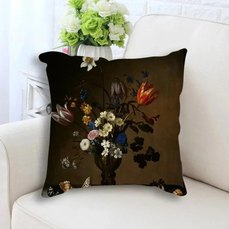 Retro Plant Flower Art Oil Painting Printed Pillow Case Home Decoration Bedroom Room Living Room Sofa Cushion Cover X