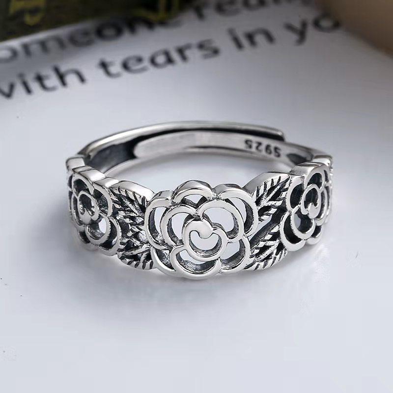 925 Sterling Silver Rose Pattern Vintage Open Ring