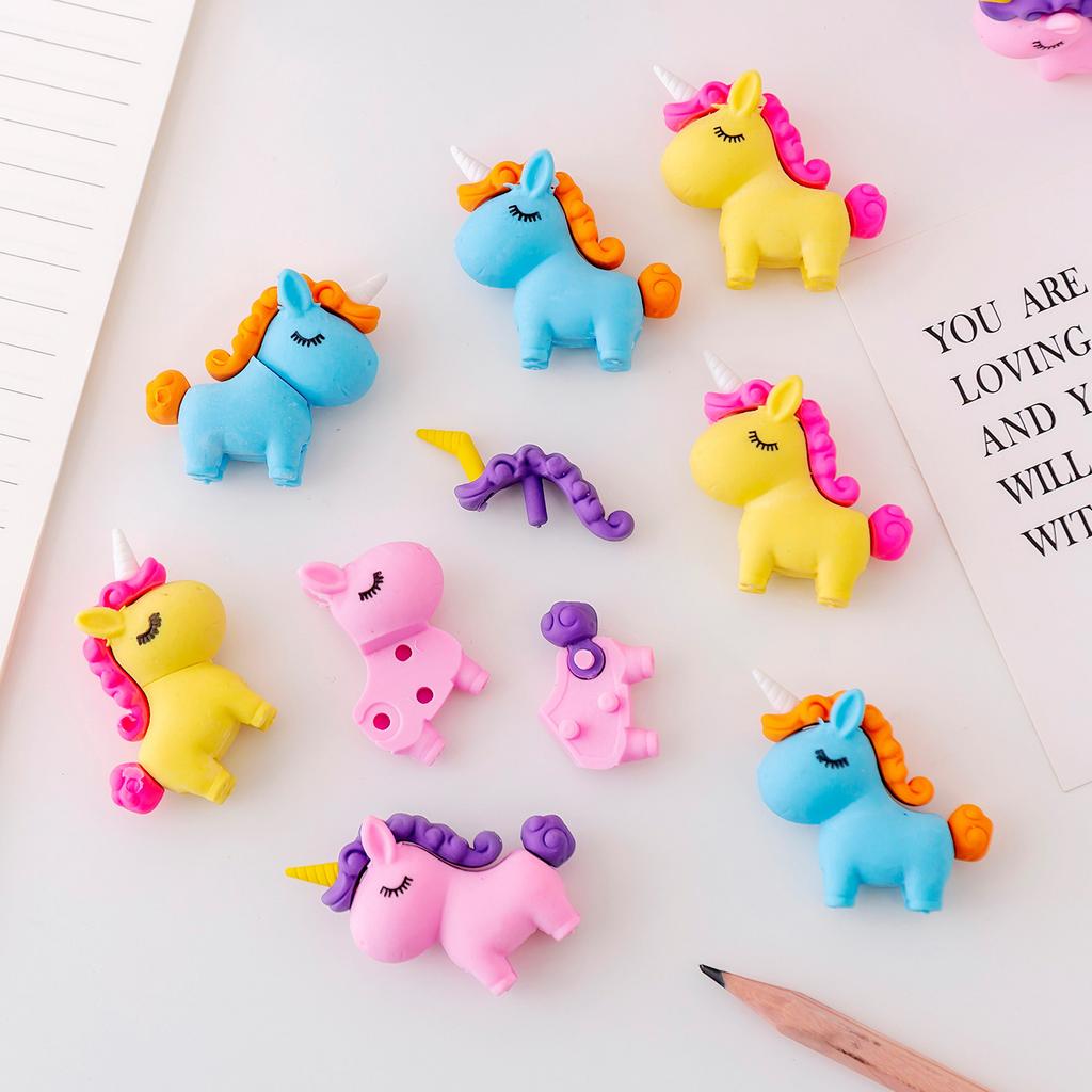 3Pcs/Lot Cute Cartoon Unicorn Eraser Kawaii 3D Pony Detachable Pencil Eraser Rubber For Kids School Student Stationery Gifts