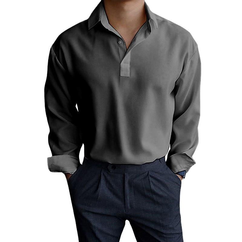 Men Lapel Half Placket Solid Long Sleeve Henley Casual Shirt