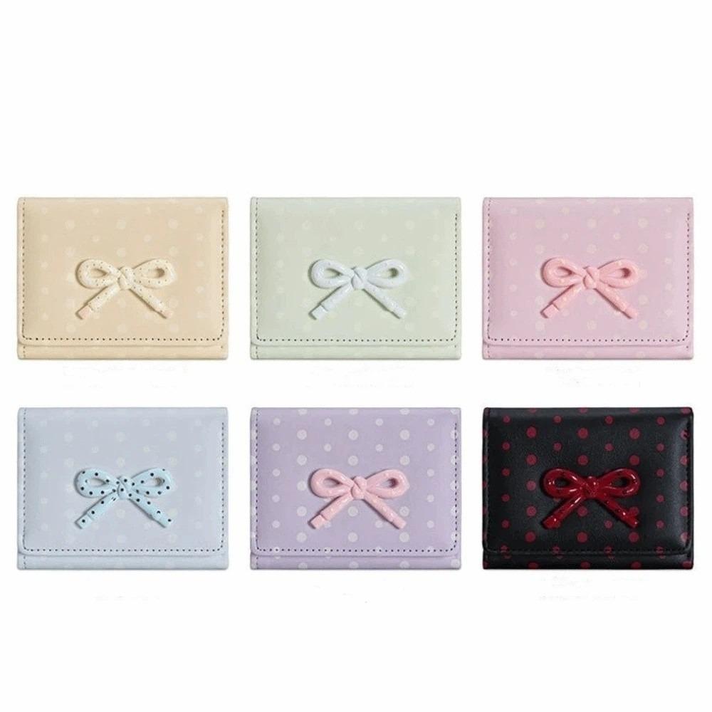 Portable Bowknot Short Wallet Large Capacity Dopamine Color Coin Purse PU Leather Card Holders Female Girl