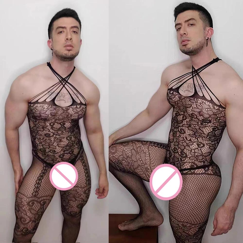 Mens Crotchless Full Bodysuit Black Beige See Through Sexy Bodystocking Lingerie Stretchy Glossy Tights Male Costume