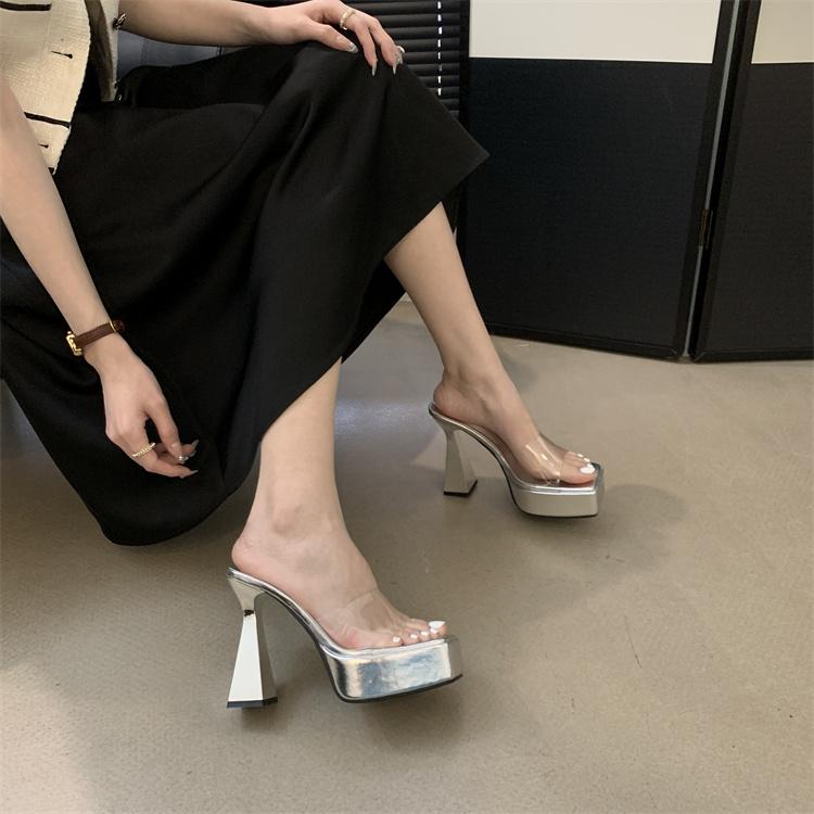 

Модные женские тапочки 2024 года, новые модные женские туфли на супервысоком каблуке, сексуальные туфли для вечеринок с открытым носком, летние шлепанцы на платформе с квадратным носком 41 серебряный
