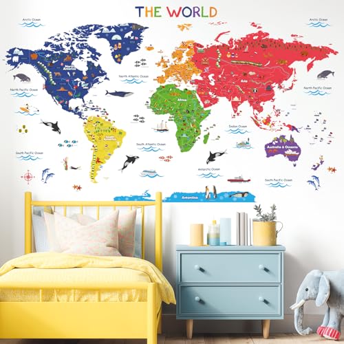 BASHOM SG2-115 Large World Map Wall Sticker, DIY Wall Decal for Kindergarten, Nursery, and Kids' Rooms. Perfect for Boys and Girls, Bathroom Decoratio