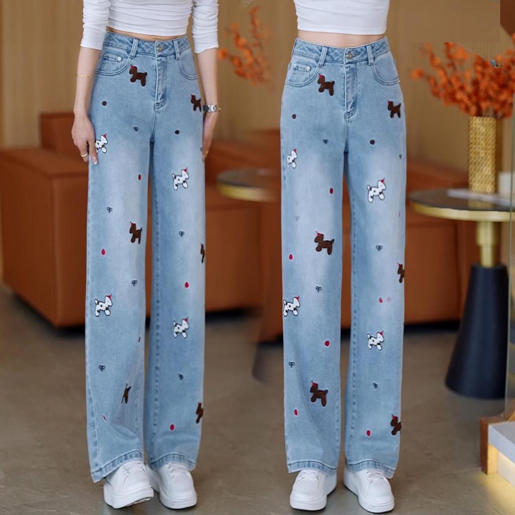 Women's Spring 2026 High-Waist Embroidered Horse Jeans - Slimming, Loose Fit, Straight-Leg Casual Pants