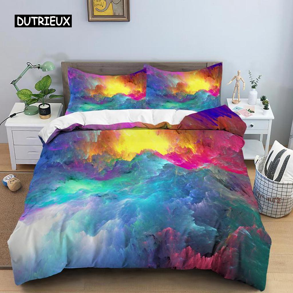Colorful Cloud Duvet Cover Polyester Orange Yellow Purple Cloud Sky Quilt Cover for Teens Girls Abstract Theme Soft Bedding Set