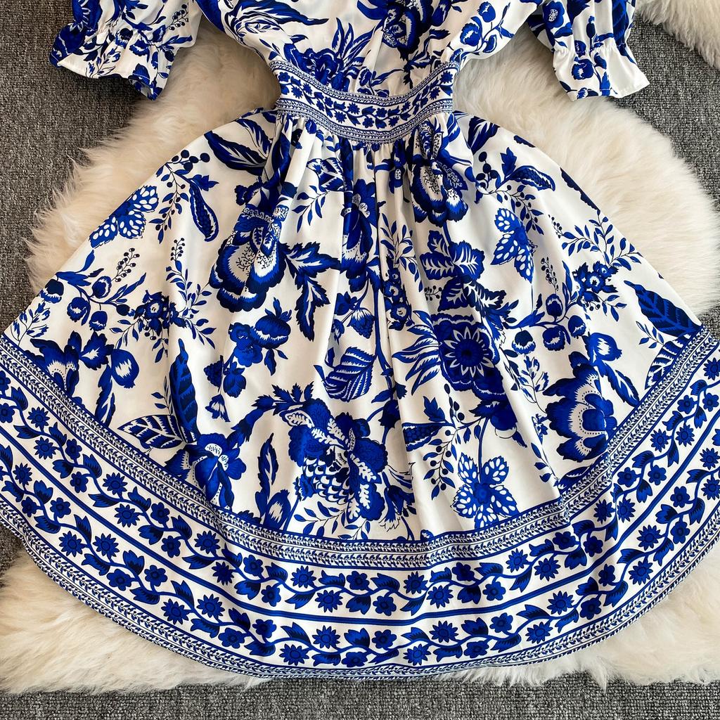 Summer Women Designer Vintage Print Runway Dress Elegant V-neck Single Breasted Party Dresses