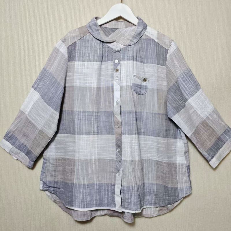 Leftover Stock Pure Cotton Stand Collar Open Shirt Women's Three-Quarter Sleeve Casual Easiest for Match Stringy Selvedge Shirt Sun Protection Summer