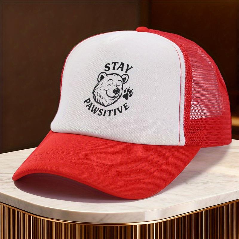 Stay Pawsitive Bear Paw Graphic Print Trucker Hat Casual Unisex Polyester Mesh Baseball Cap