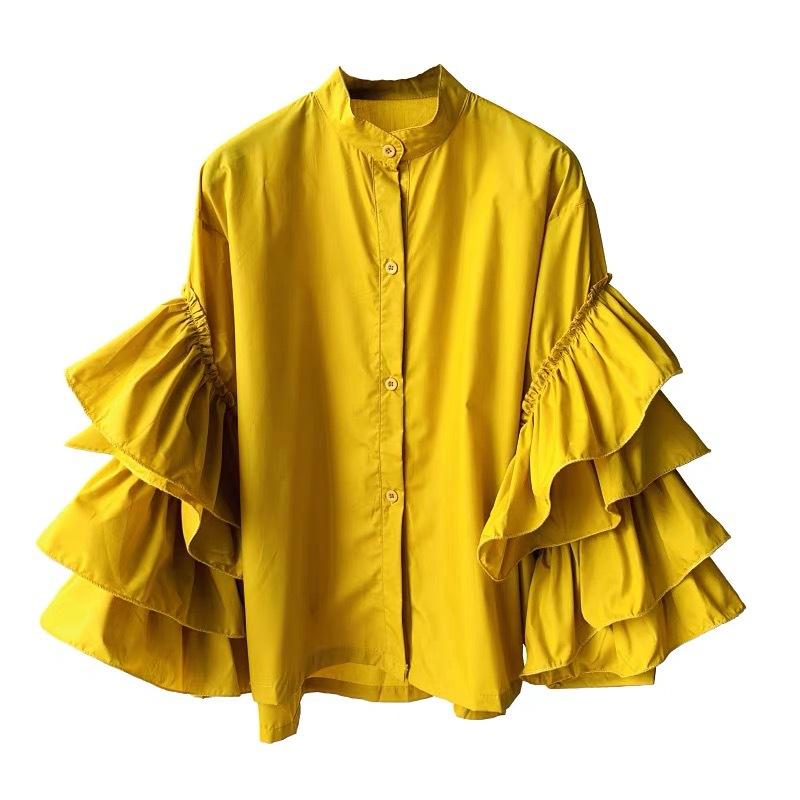 Stylish Shirt Women's Layered Ruffled Flared Sleeve Shirts Loose Stand-up Collar Tops