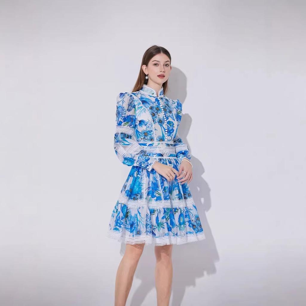 European and American New French Elegant Lace Waist Lantern Sleeve Dress