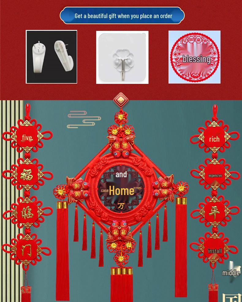 Großer Pfirsichholz Fu-Zeichen Anhänger für das Wohnzimmer: Chinesische Knoten-Dekoration für Wand oder Tür