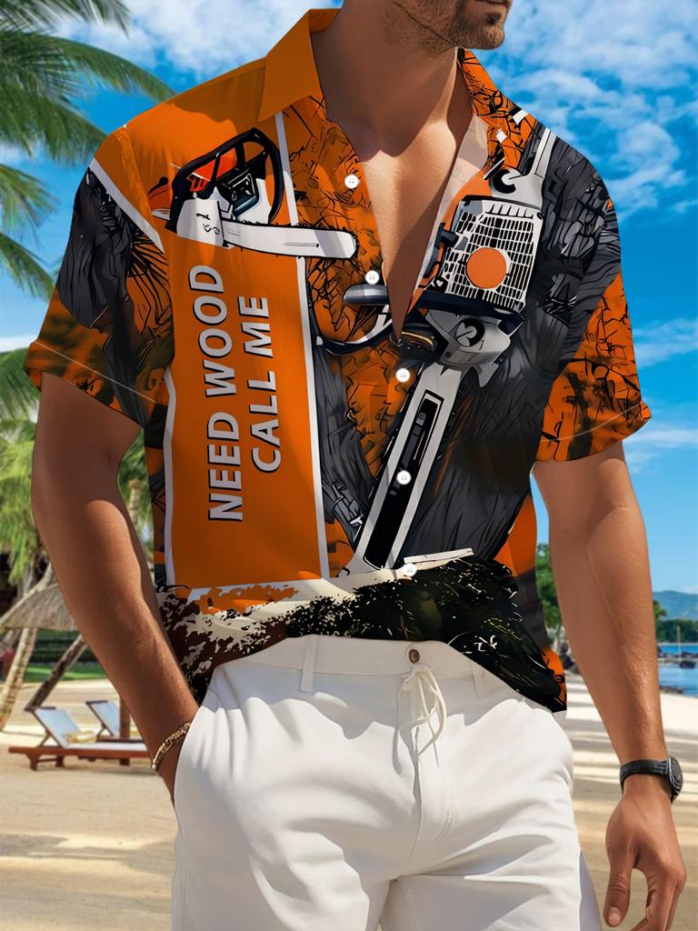 New Men'S Casual Short-Sleeve Shirt with a Lumberjack Chainsaw Design, Perfect for Festive Gatherings And Commuting, Versatile And Relaxed. Made from