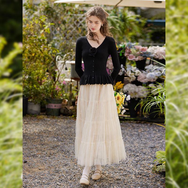 Bailuyu Women's V-Neck Ruffle Knit Sweater with Detachable Flower