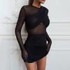 European & American Women's Asymmetrical Mesh Patchwork Long Sleeve Bodycon Dress