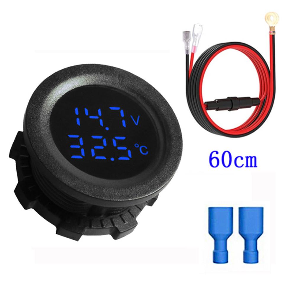 Universal 12V LED Digital Thermometer Voltmeter Dual Display Round Panel for Car Boat Motorcycle Marine Vehicle Battery Monitor