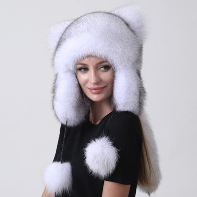 Women Winter Bomber Fur Hats Natural Real Fox Fur Balls Ears Tail Trapper Hats Thick Warm Outdoor Snow Hats