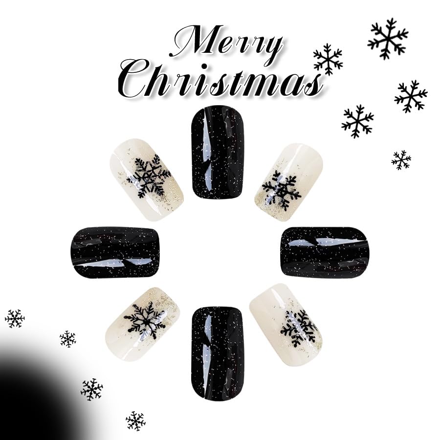 Christmas Press on Medium Square Fake Nails With Black Snowflakes Design - Glossy Glue on Winter Xmas Full Cover Acrylic Artificial Bling Gold