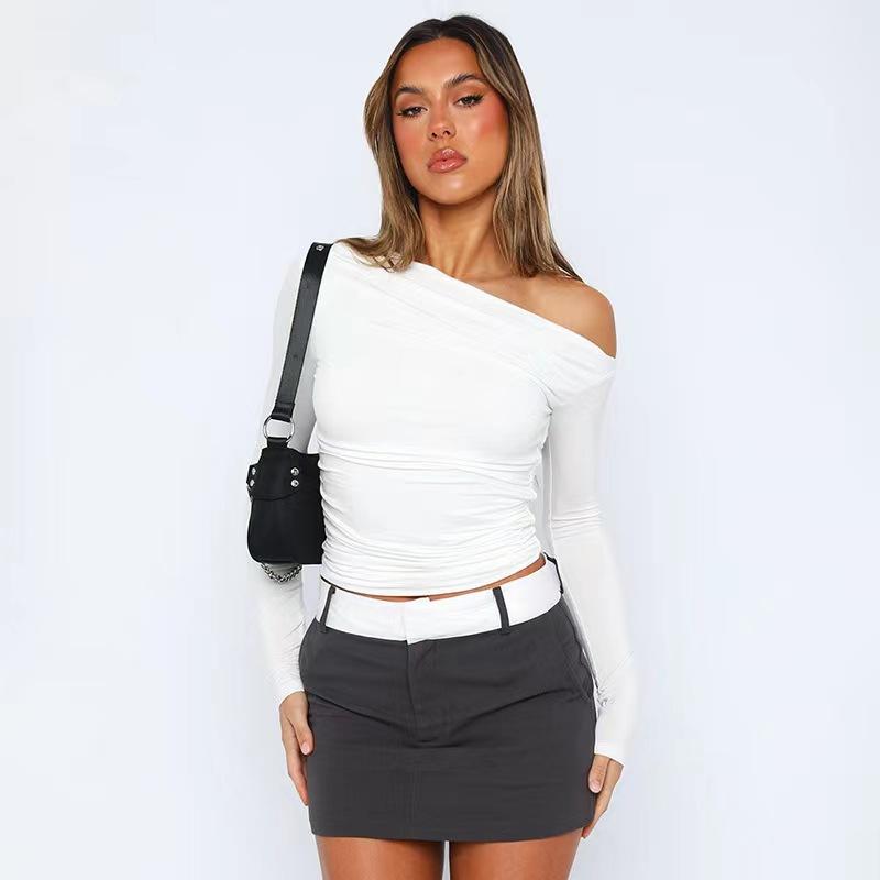 YYFS Moda Donna Casual Primavera Autunno Tinta Unita Stampa Manica Lunga Scollo Obliquo Bluse e Camicie