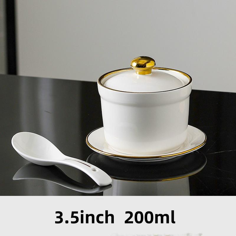 White Ceramic with Lid Steamed Egg Soup Bowl Rice Dessert Bowl Hotel Restaurant Bird's Nest Small Tonic Soup Cup Cooking Pot Set