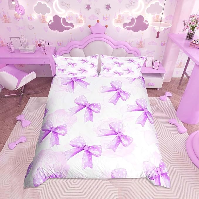 Pink Bow Bedroom anime Duvet Set Bedding King Size Luxury Cover Polyester Christmas Decorations Cute Printed Cartoon home