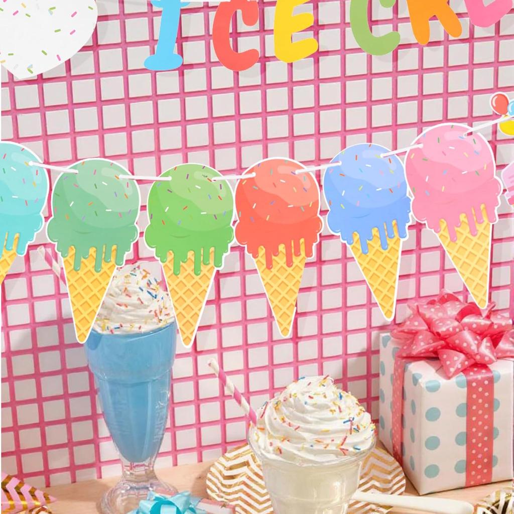 4 Pcs Ice Cream Banner Garland Ice Cream Birthday Party Decorations Supplies Icecream Bar Sign Streamer Decor for Summer Pool Beach Baby Shower