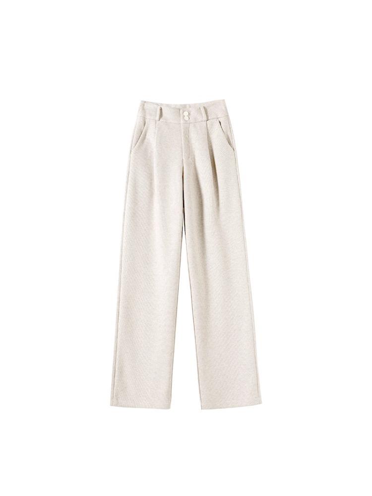 Women's Spring Style High-Waisted Oatmeal Wool Wide-Leg Fleece-Lined Pants