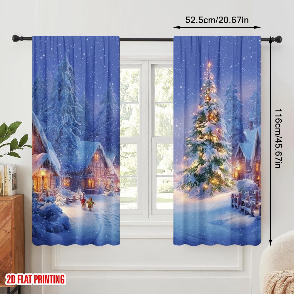 2Pcs,2D Plane Printing Pattern Curtains Christmas Tree Snow Scenery Versatile 100% Polyester (Without Rod) Versatile All Ldeal