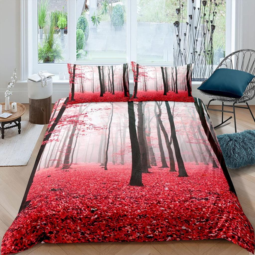 Comforter Autumn Fallen Leaves Red Maple Leaf Nature Bedding Set Sunshine Tree Woods Natural King