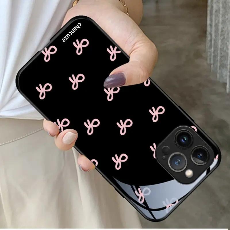 TEMU Hot-selling Pink Simple Bow Apple 13promax Mobile Phone Case iPhone AIR Glass Case