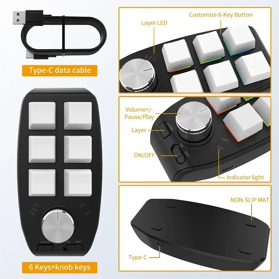6 Keys 1 Knob Macro Custom Programming Keyboard 2.4G/Bluetooth/Wired Mini RGB Gaming Wireless Bluetooth Knob Mechanical Keypads