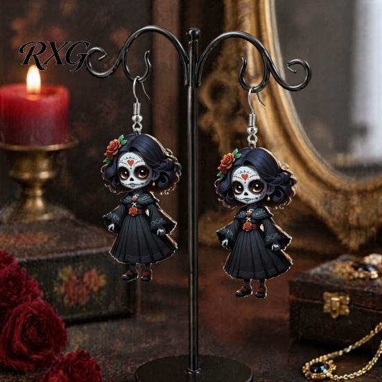 Gothic Witch Drop Earrings Halloween Earrings, Lightweight Acrylic Pendant Retro Rose for Women Girls Day of The Dead Accessories Eye-catching