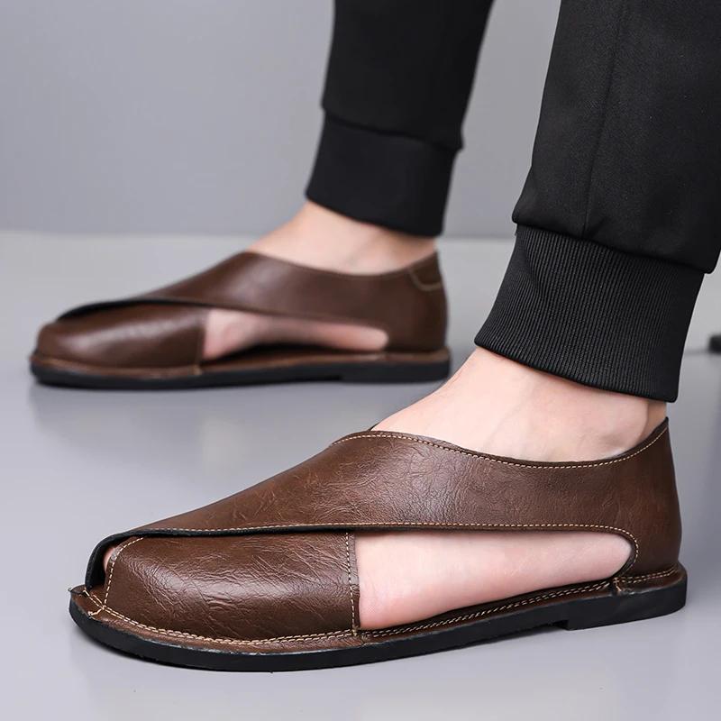 Men Flat Bottom Casual Leather Sandals Summer New British Style  Soft Bottom Anti-Slip Business Shoes Breathable Roman Sandals