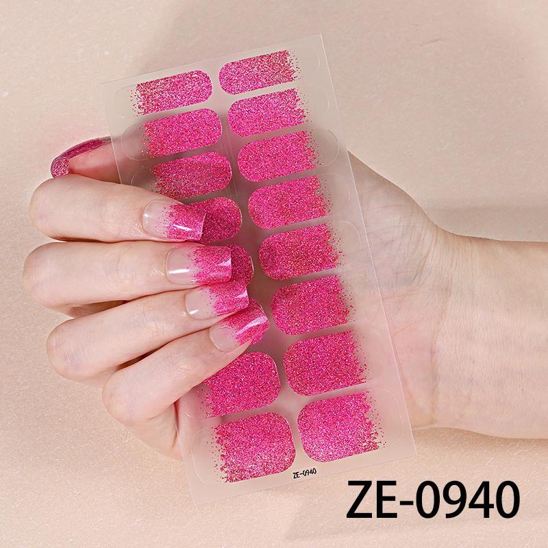 16Tips Pink Glitter Full Cover Nail Sticker Gradient Nail Polish Strips Long-Lasting Self Adhesive Manicure Art DIY Decoration