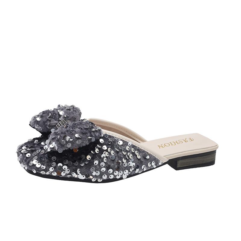 Bow-wrapped Head Half Slippers Women Summer Wear New Casual Slip-on Fashion Sequin Slippers