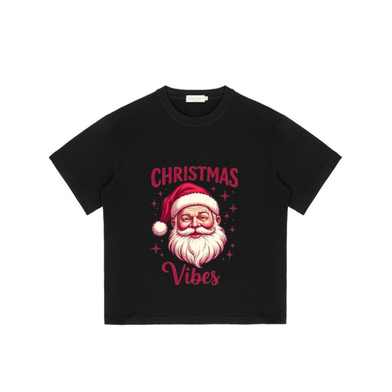 Christmas Vibes Santa Claus Print Black T-Shirt for Holiday Party and Festive Occasions