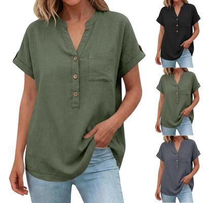 Women's Color Shirt Short Sleeve Button Casual Cotton And Hemp Pocket Top