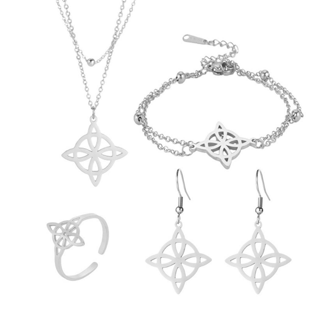 Stainless Steel Jewelry Set Witchcraft Knots Pendant Necklace Bracelet Earring Rings Collection Fashionable Accessories