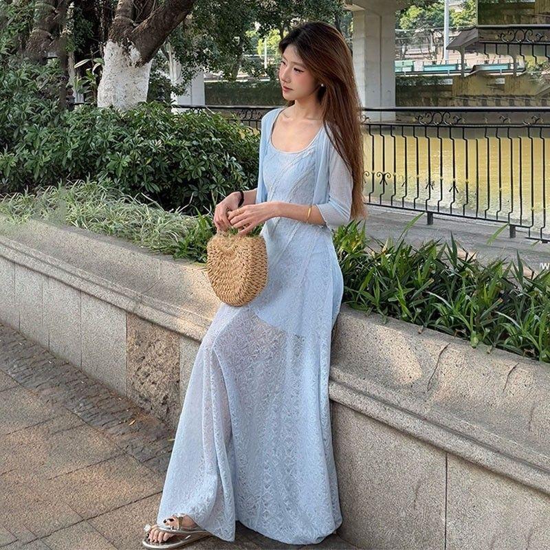French temperament thin blue lace suspender dress women's summer new seaside vacation style beautiful long skirt