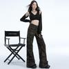 Women's American Retro Camo Work Pants: Spring High Street, Hip Hop Style, Loose Micro Flare, Floor-Length, Drape Casual Trendy.