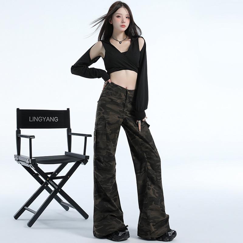 Women's American Retro Camo Work Pants: Spring High Street, Hip Hop Style, Loose Micro Flare, Floor-Length, Drape Casual Trendy.