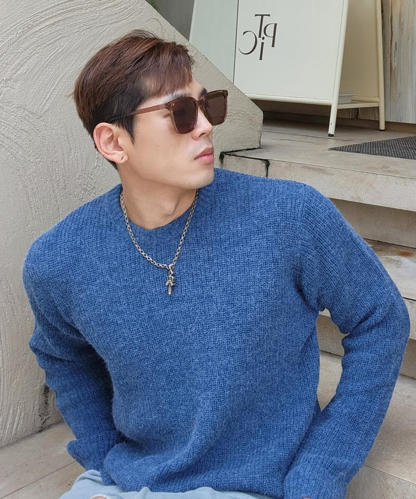 BLOND9 Crew Neck Rib Knit Sweater_Melange Blue (Type A)