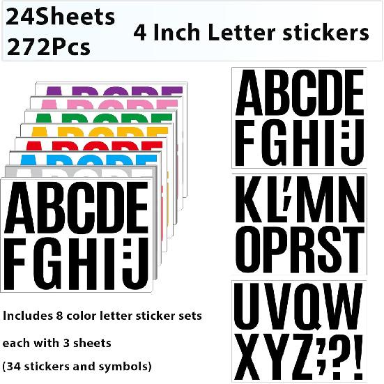 272 Pcs 24 Sheets Large Letter Stickers, 4 Inch Bulletin Board Letters, Vinyl Stick On Letters for Bulletin Boards, Self Adhesive Letters for