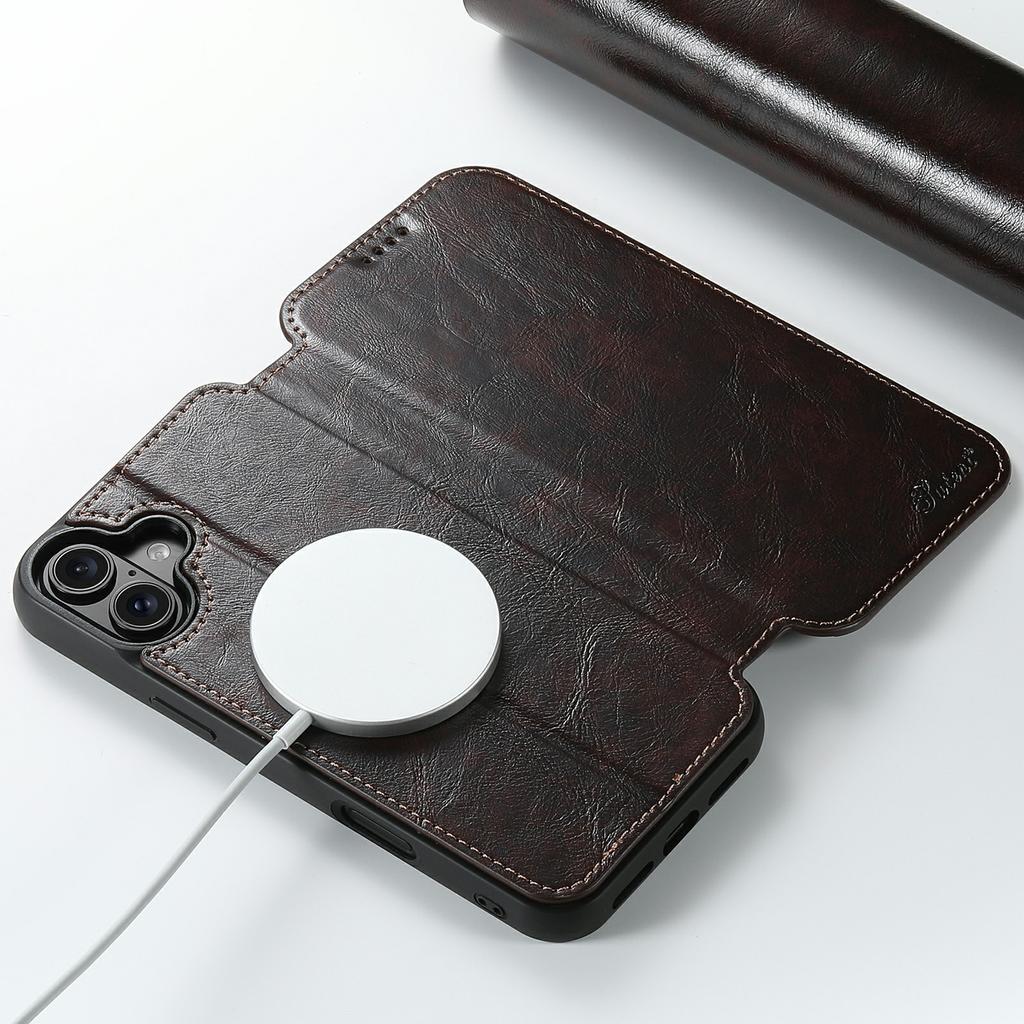 SUTENI J05 For iPhone 17 Case Compatible with MagSafe Textured PU Leather Flip Phone Cover
